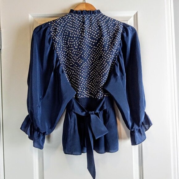 BCBG MaxAzria Blue White Silk Ruffle Peasant Top - Picture 2 of 6